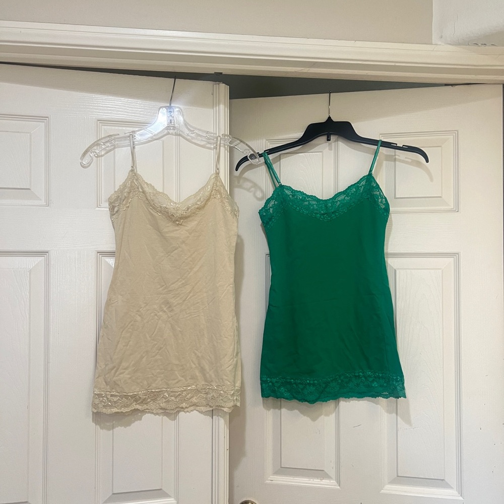 2 set Beige Green sexy adjustable cami‎ Stretchy lace tunic tank top sz M Y2K
